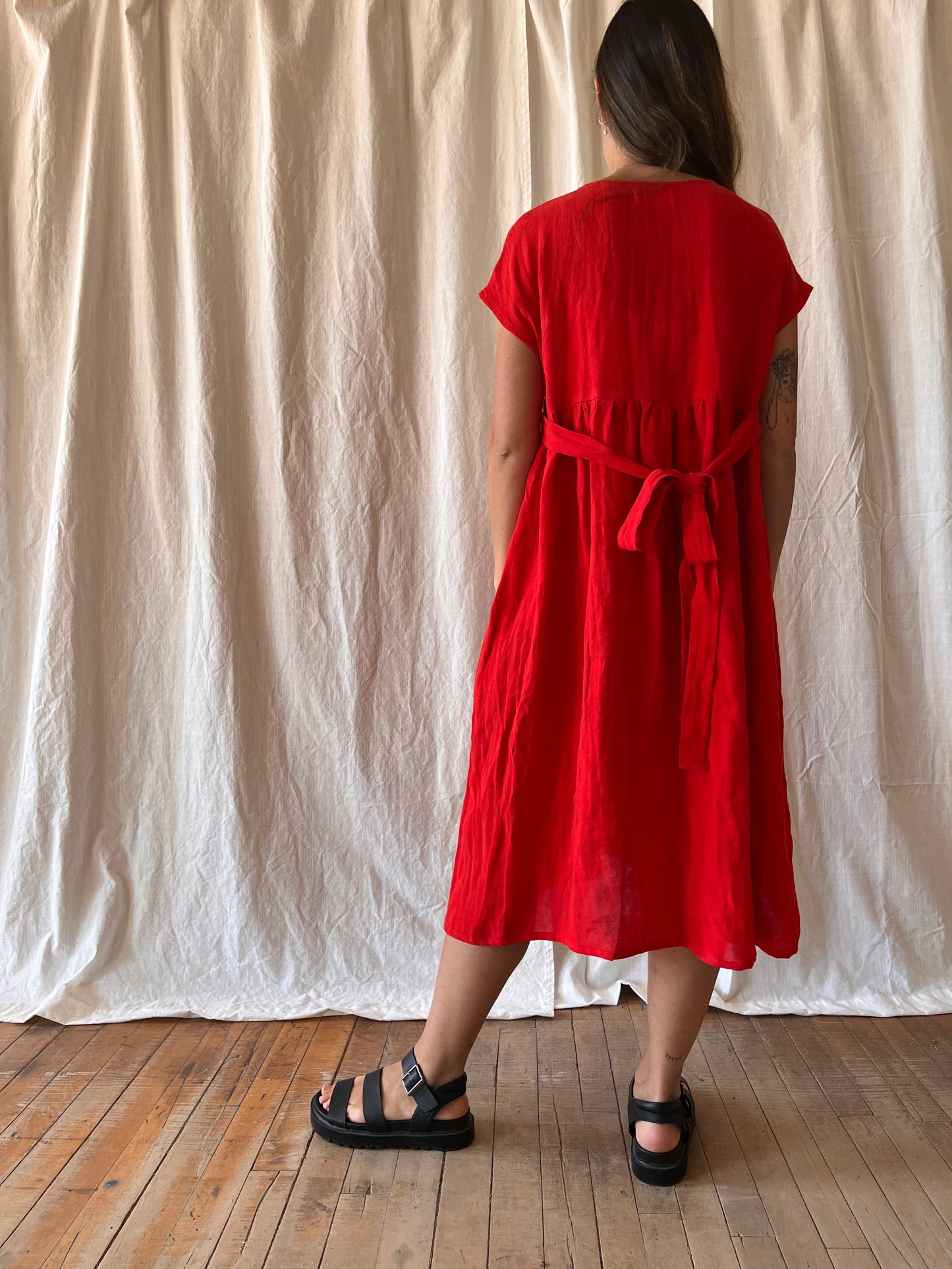Short sleeve midi dress - Vermilion linen