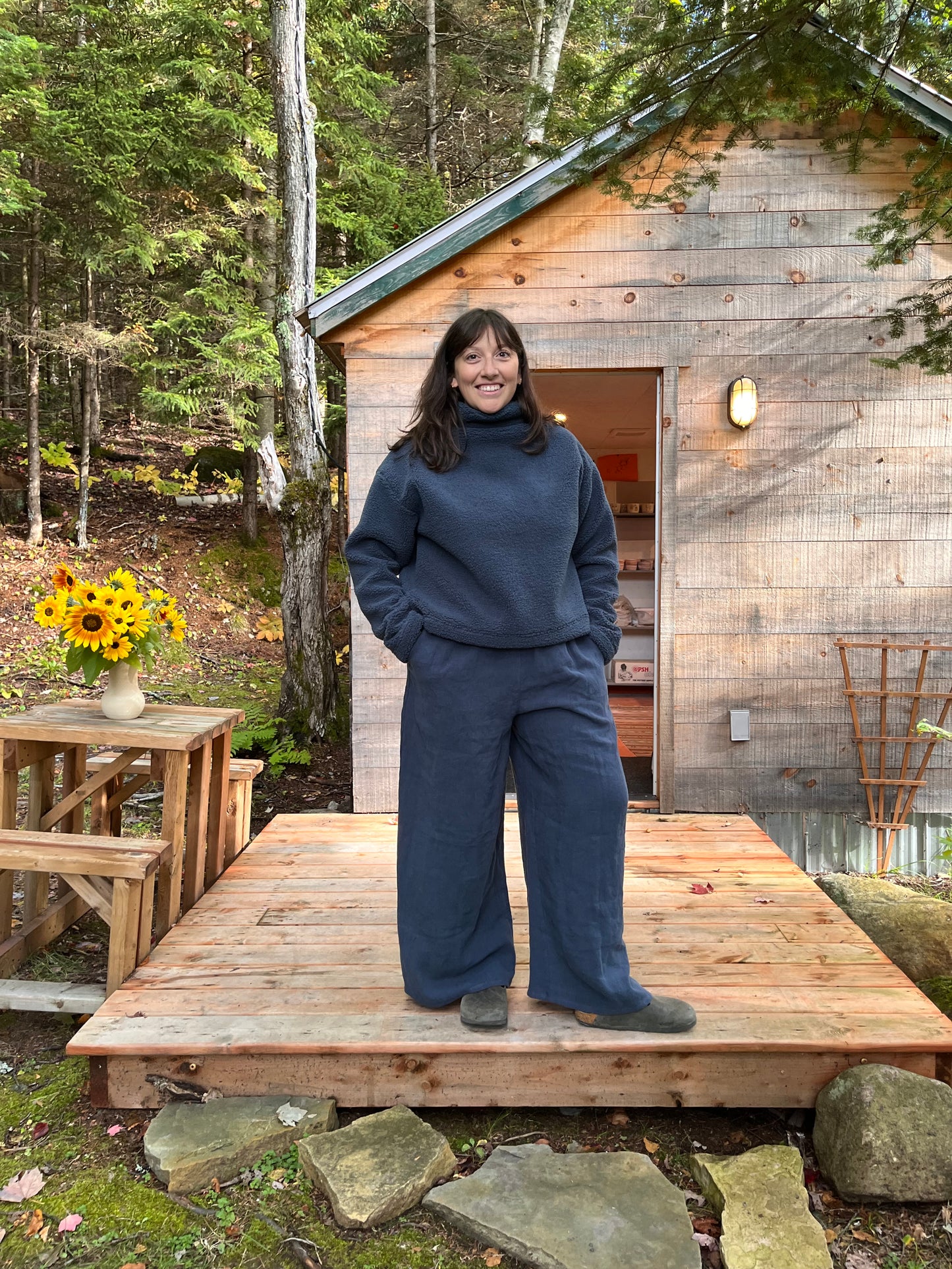 Extra thick sherpa funnel neck top- Smoky blue