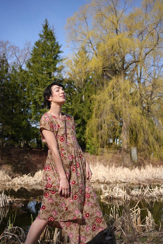 Earthy floral block print dress- S-M ready to ship