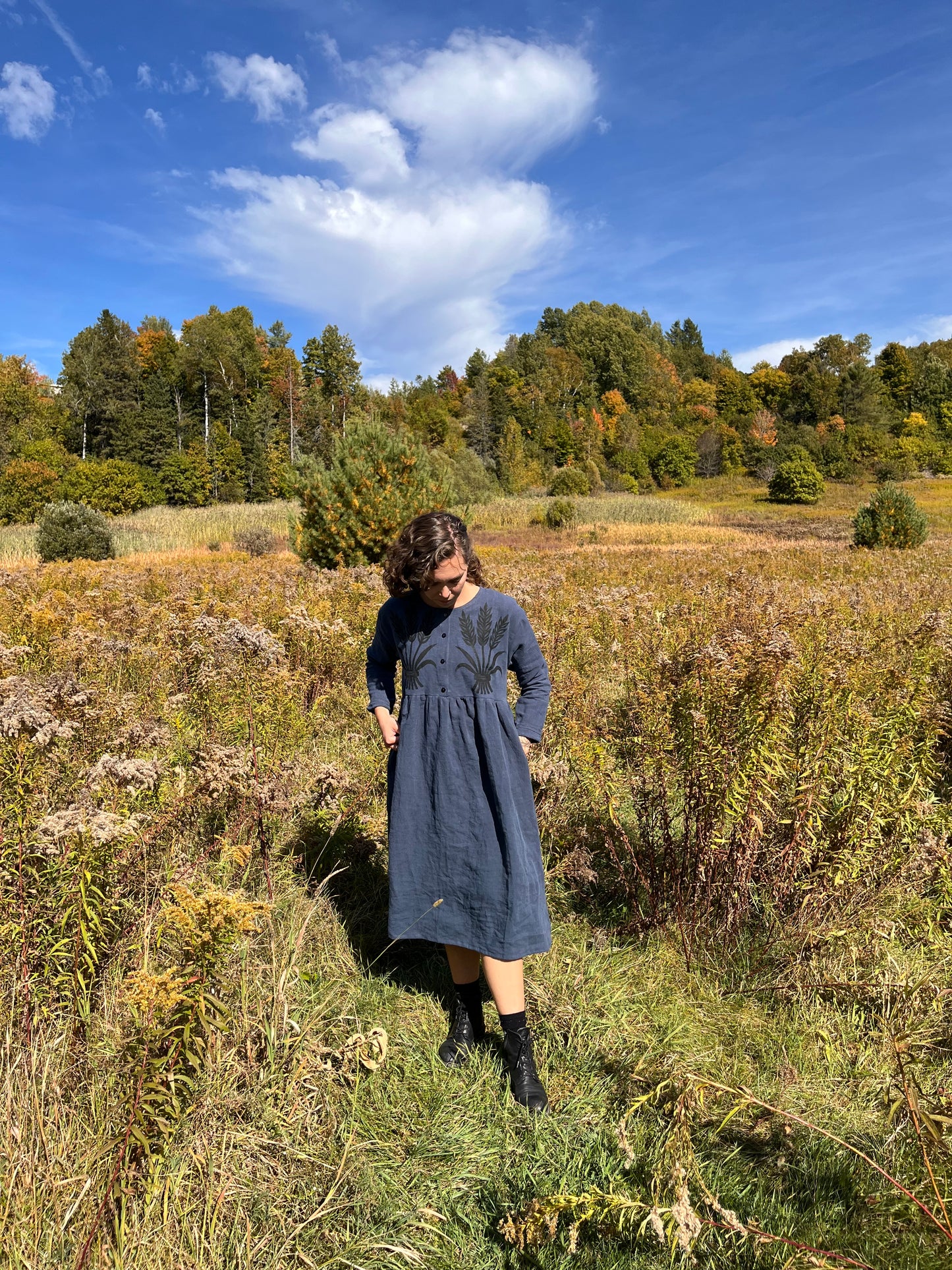 Wheat print button up dress- Indigo linen