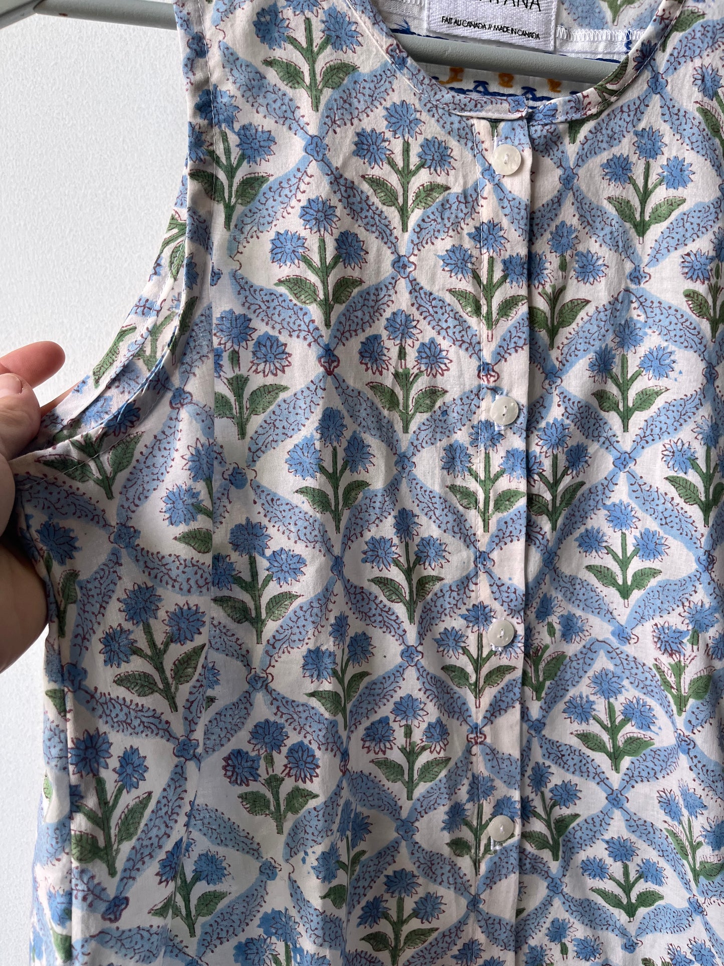 Sleeveless button up top - blockprint & cross stitch - Size Small