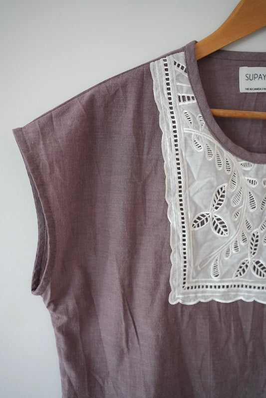 Short sleeve boxy top with lace - grape - made to order in any size
