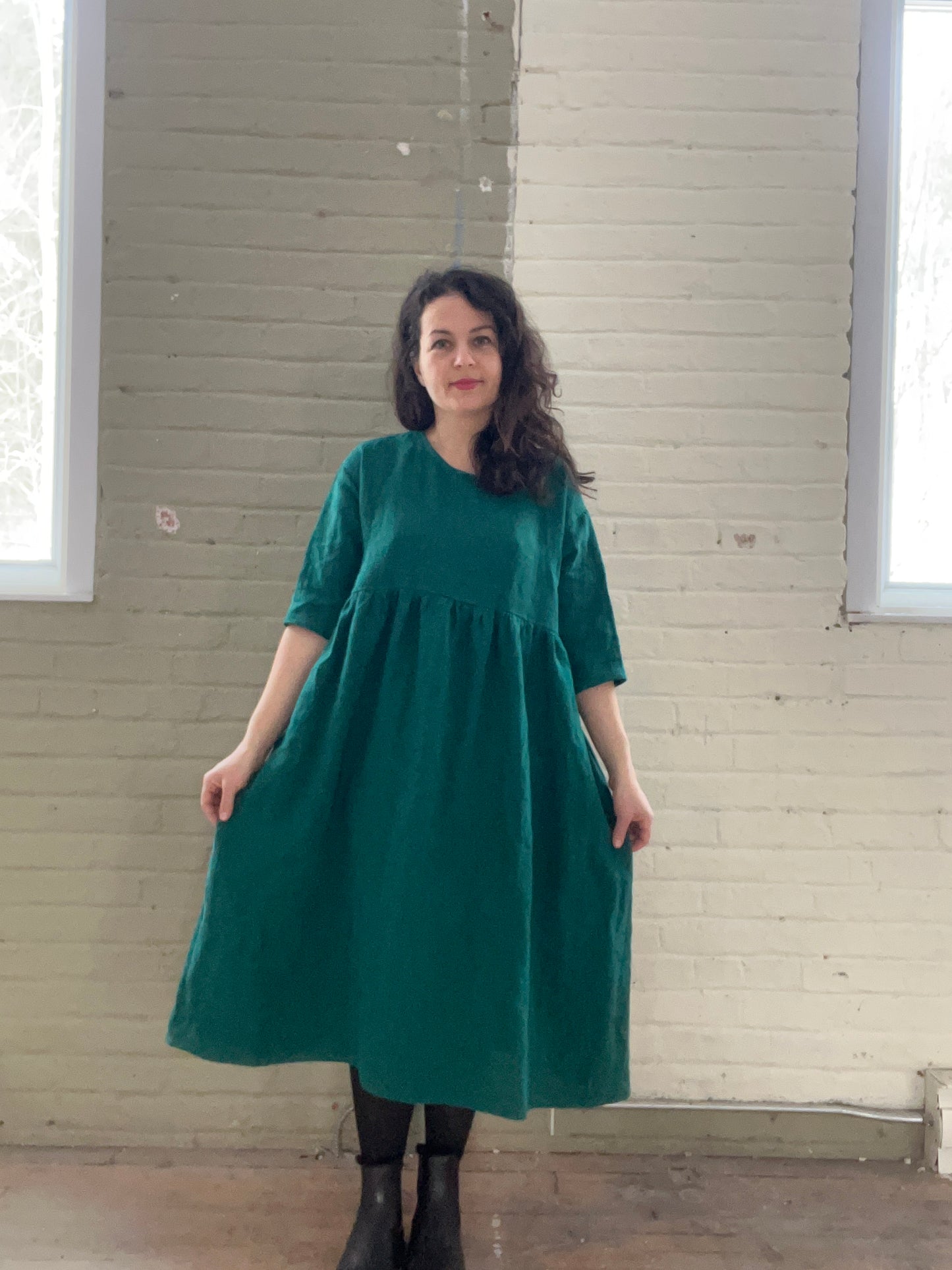 Emerald linen midi dress