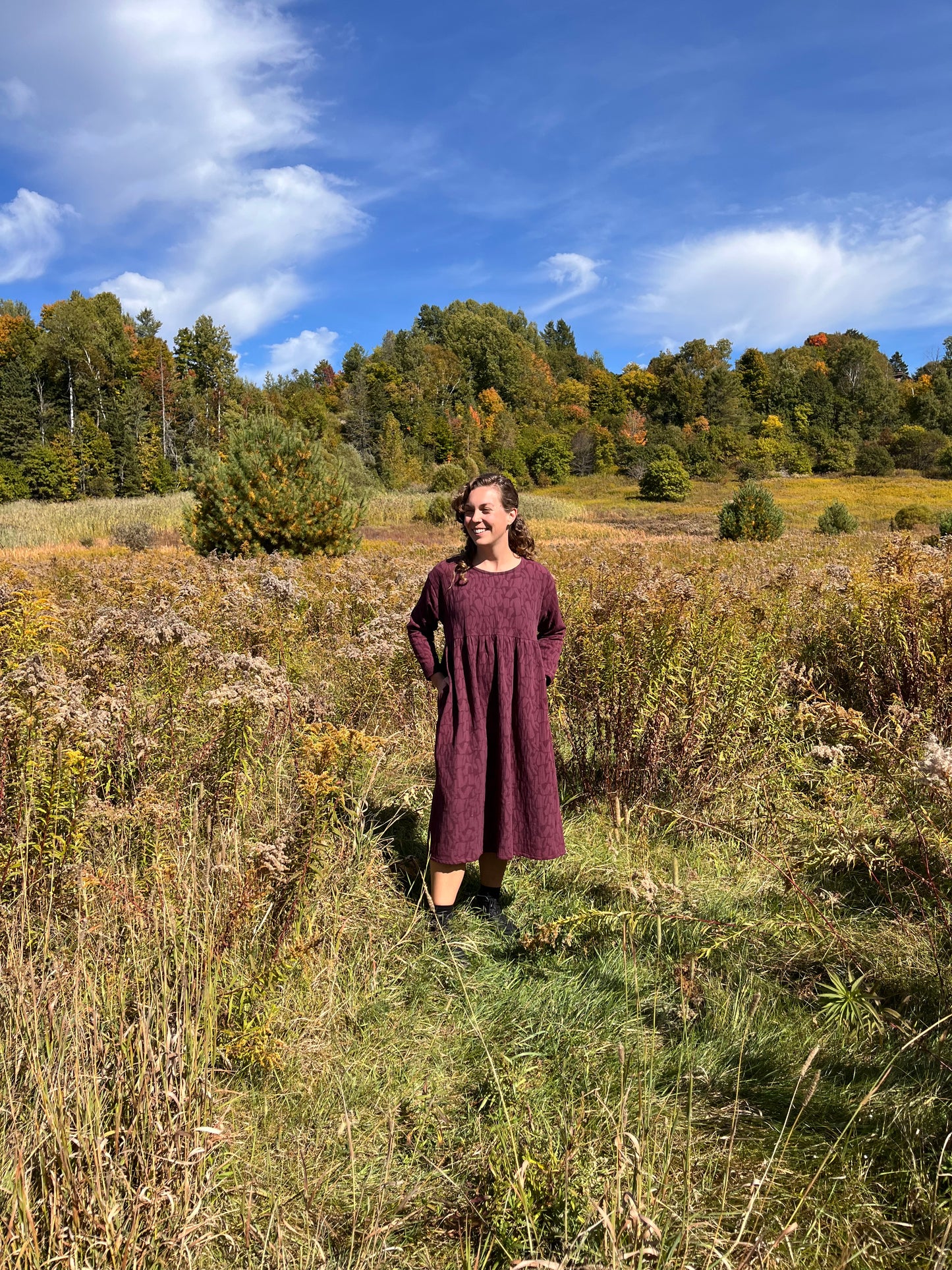 Loose fit long sleeved textured dress- Plum