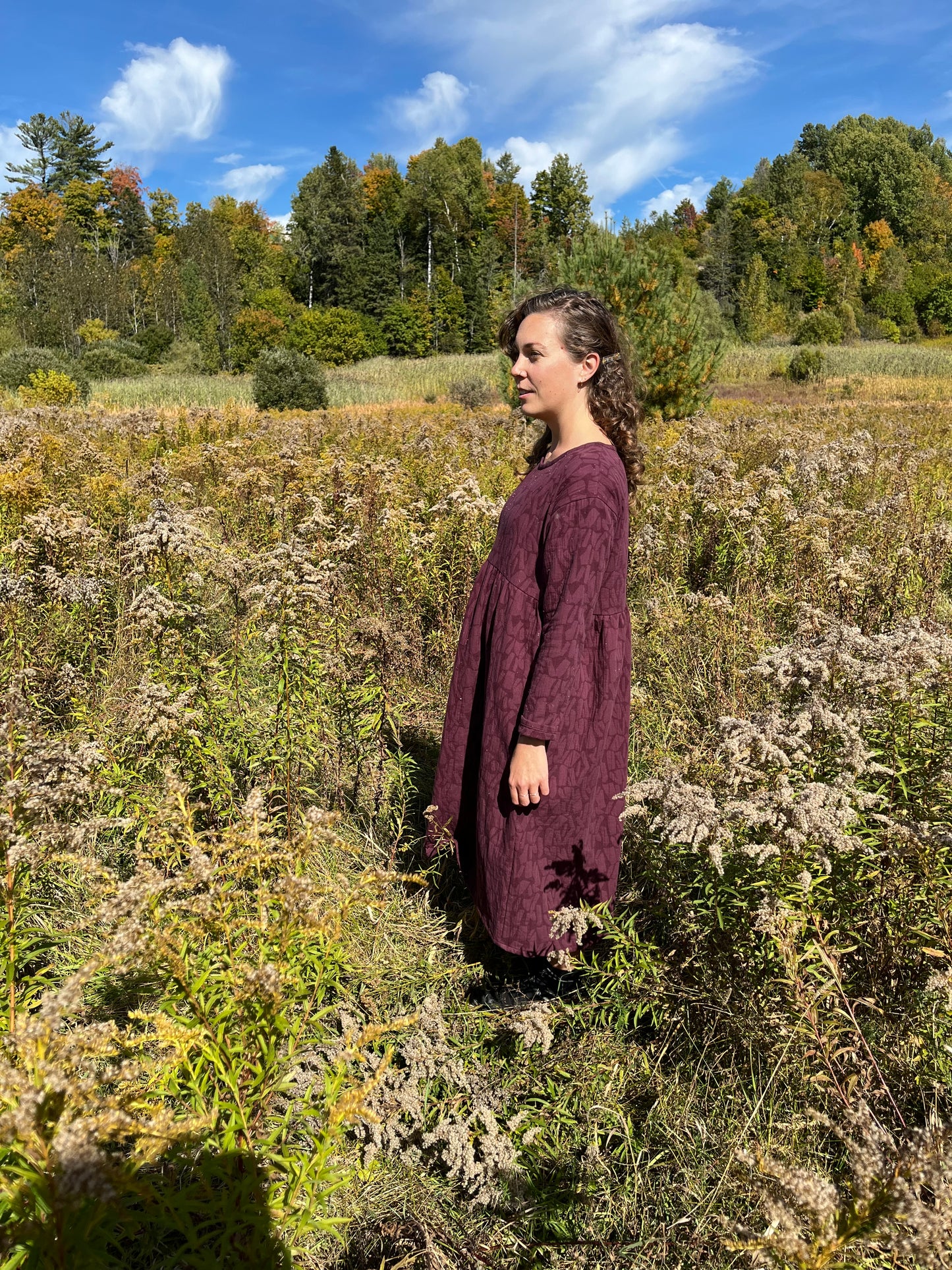 Loose fit long sleeved textured dress- Plum