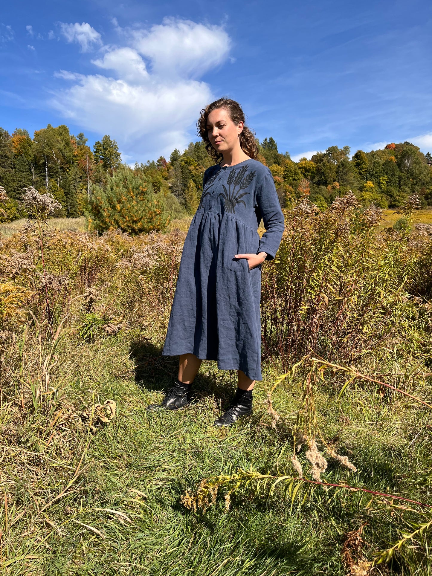 Wheat print button up dress- Indigo linen