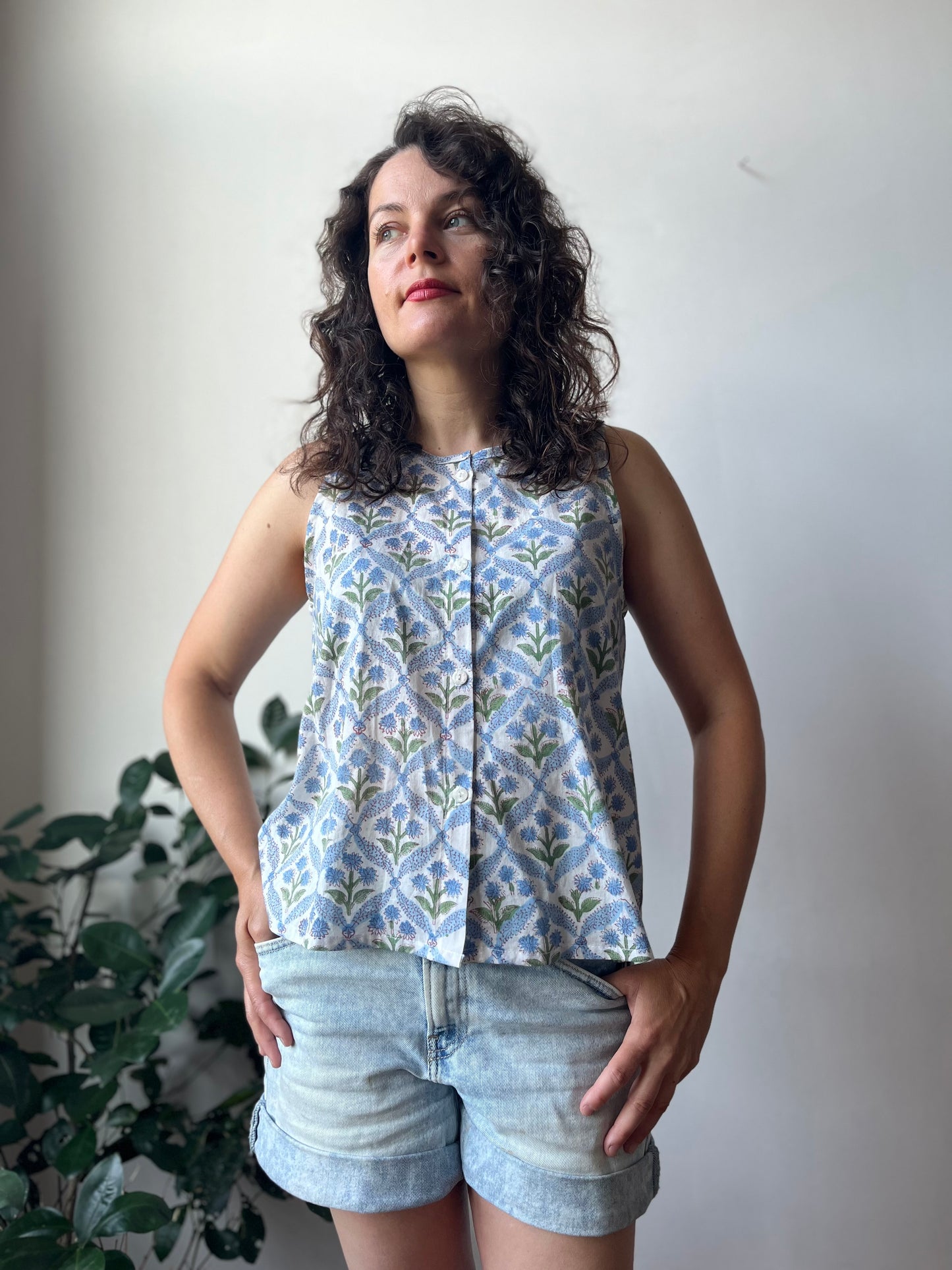 Sleeveless button up top - blockprint & cross stitch - Size Small