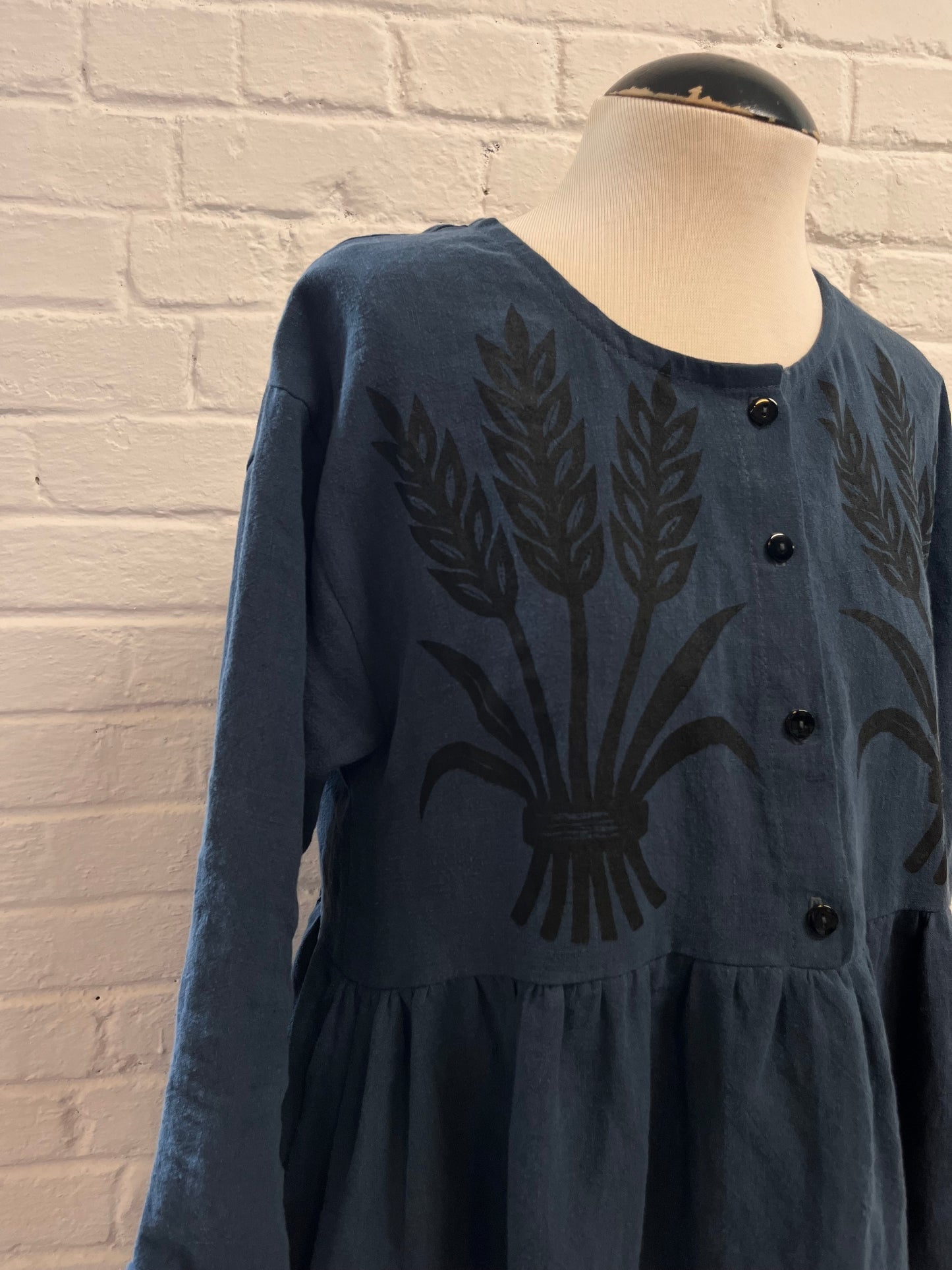 Wheat print button up dress- Indigo linen