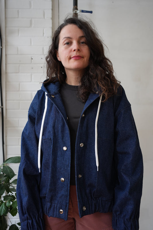 Denim jacket with quilt back- blue & green quilt- size M/L