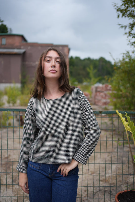 Cotton/linen blend boxy top- black and cream gingham