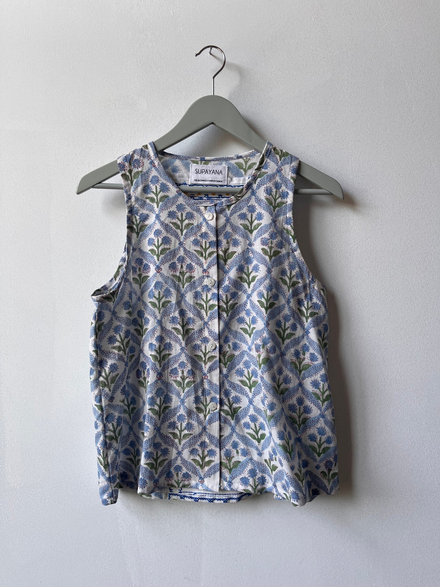 Sleeveless button up top - blockprint & cross stitch - Size Small