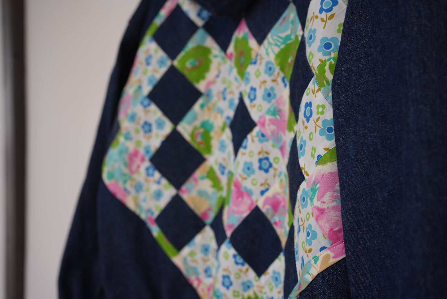 Denim jacket with quilt back- blue & green quilt- size M/L