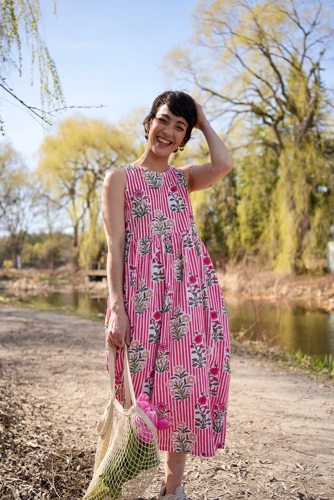 Red striped block print dress- any size