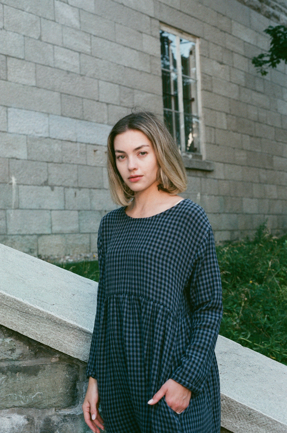 Midnight check organic cotton double gauze dress Last two!