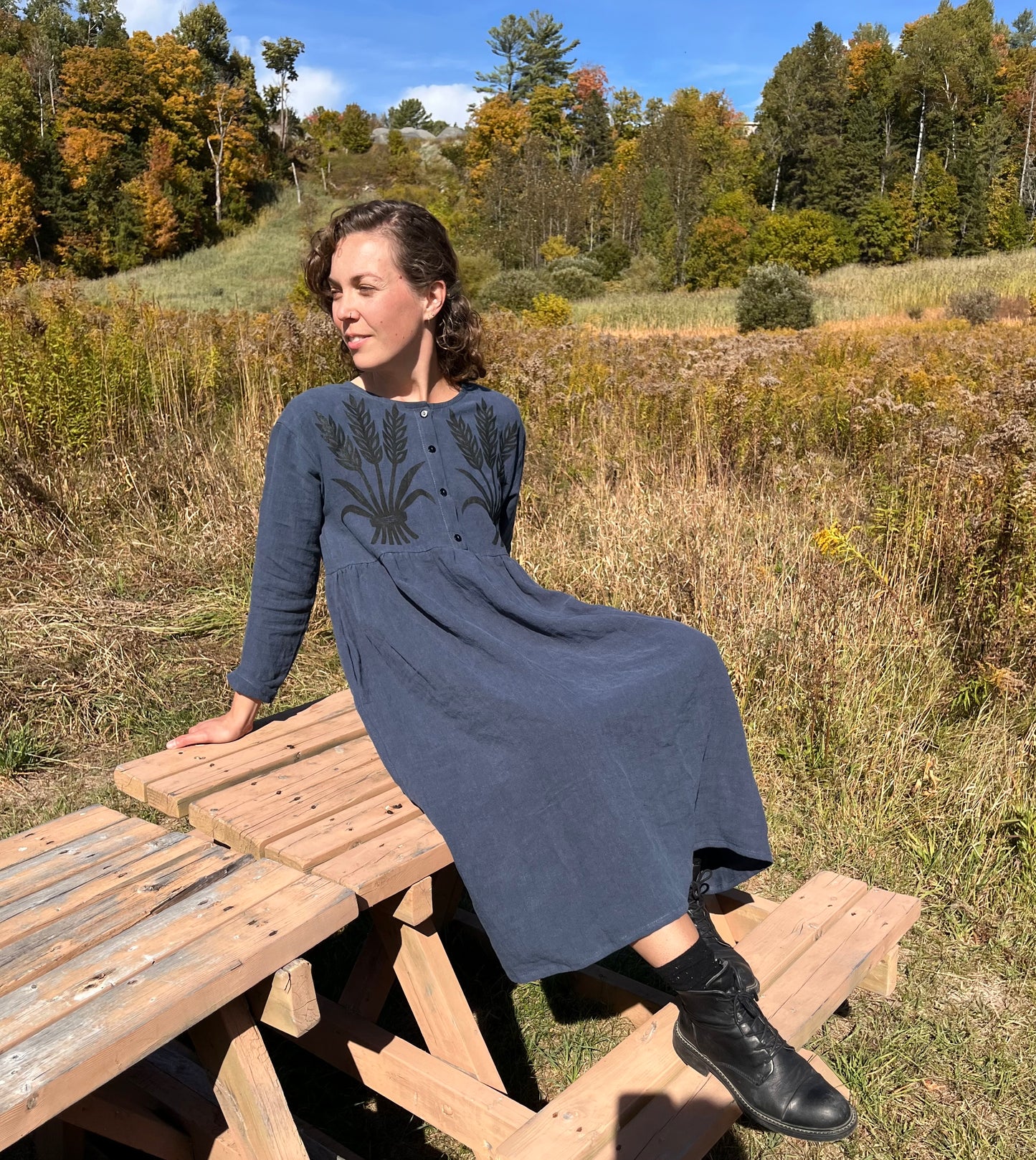 Wheat print button up dress- Indigo linen