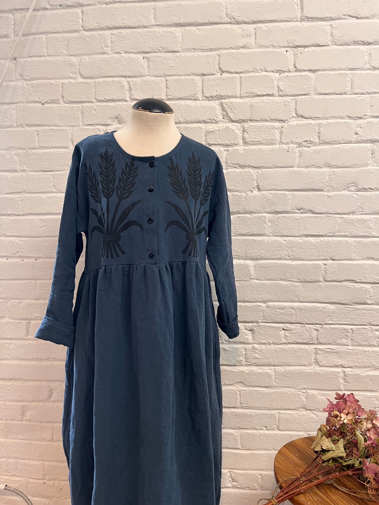 Wheat print button up dress- Indigo linen