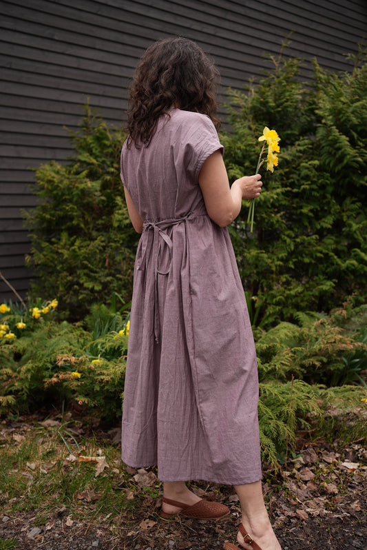 Cotton short sleeve dress with belt- grape - Made to order in any size