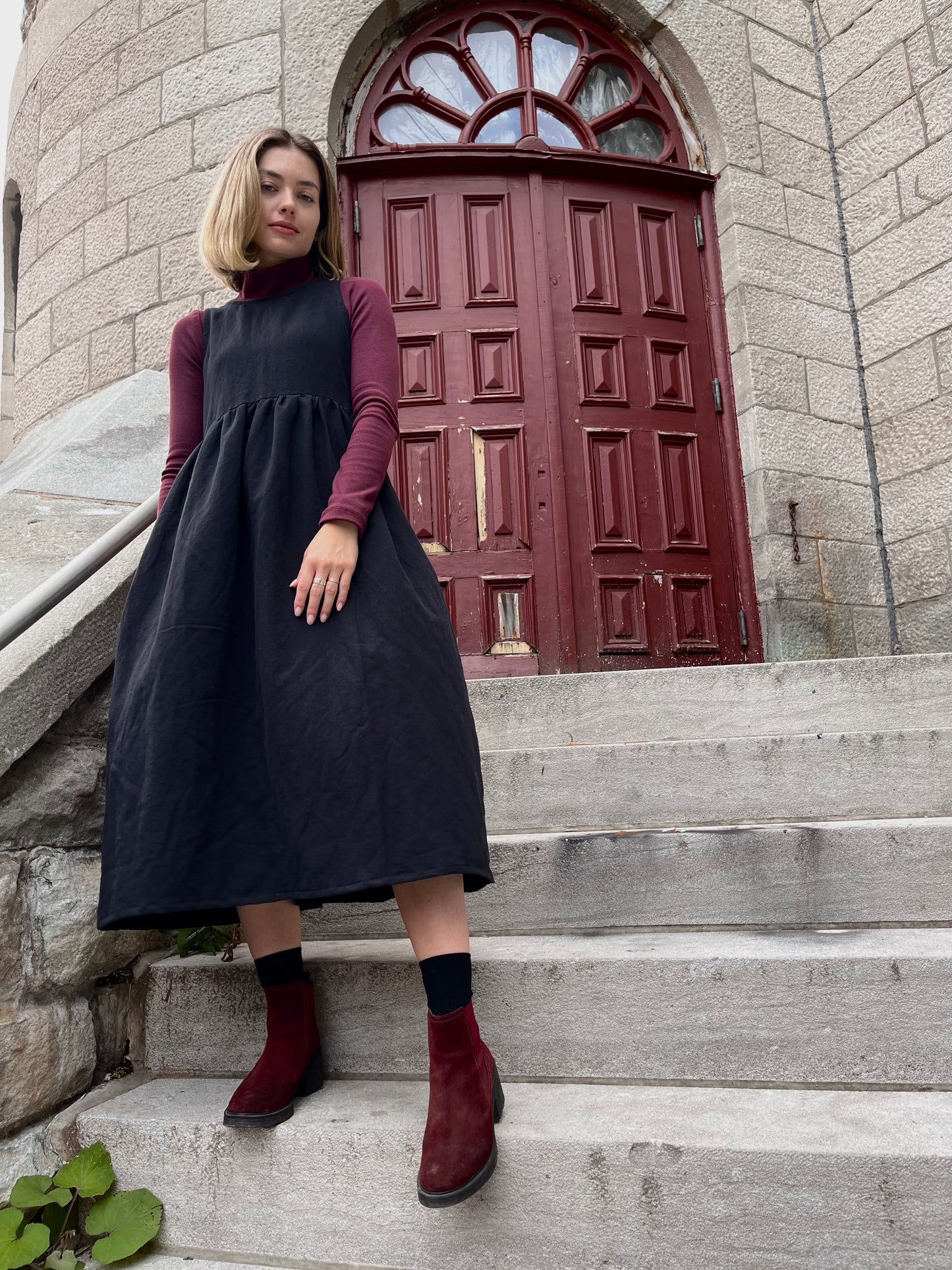 Chemise à manches longues côtelée col montant - Bourgogne