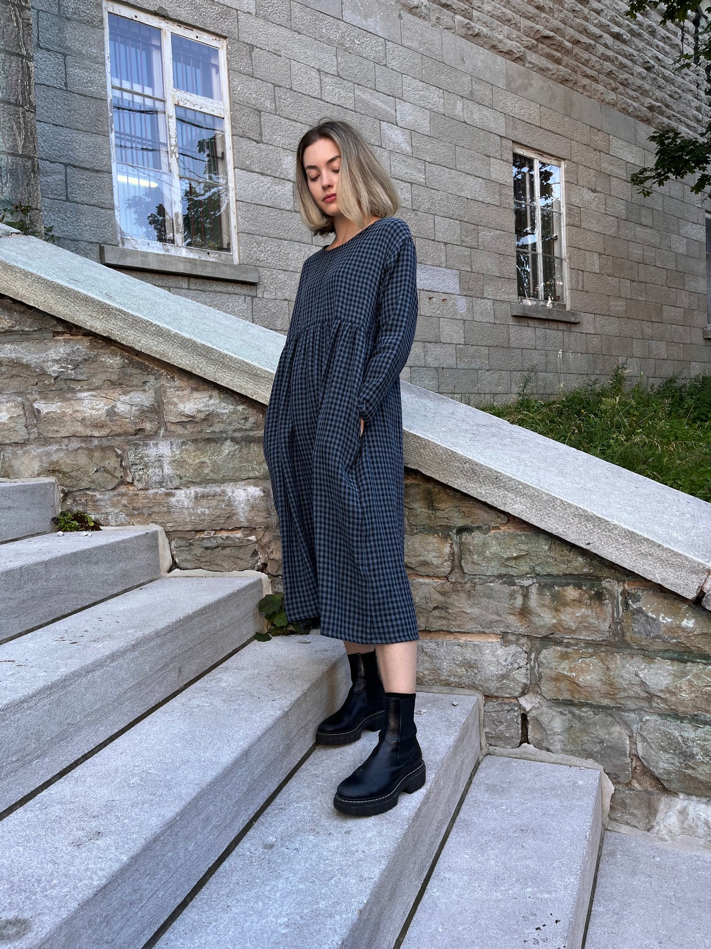Midnight check organic cotton double gauze dress Last two!