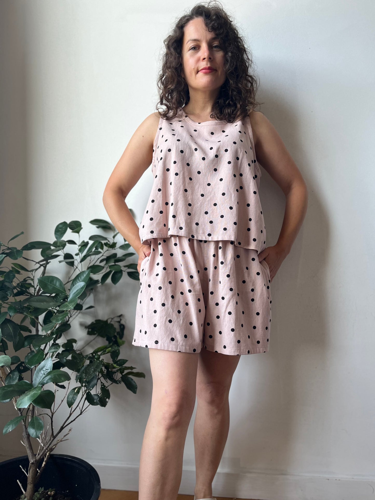 Linen blend polka dot set- Size Medium