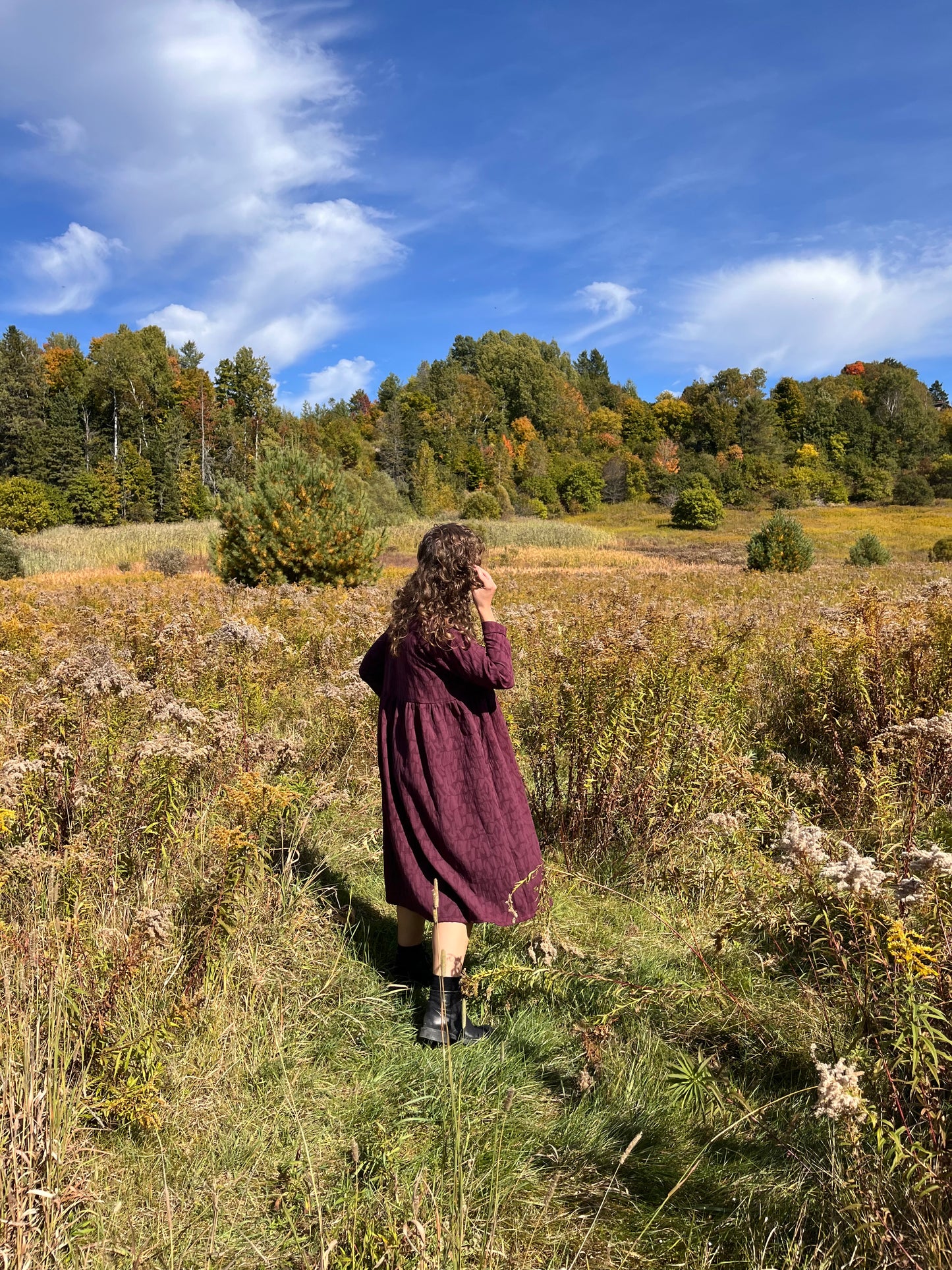Loose fit long sleeved textured dress- Plum