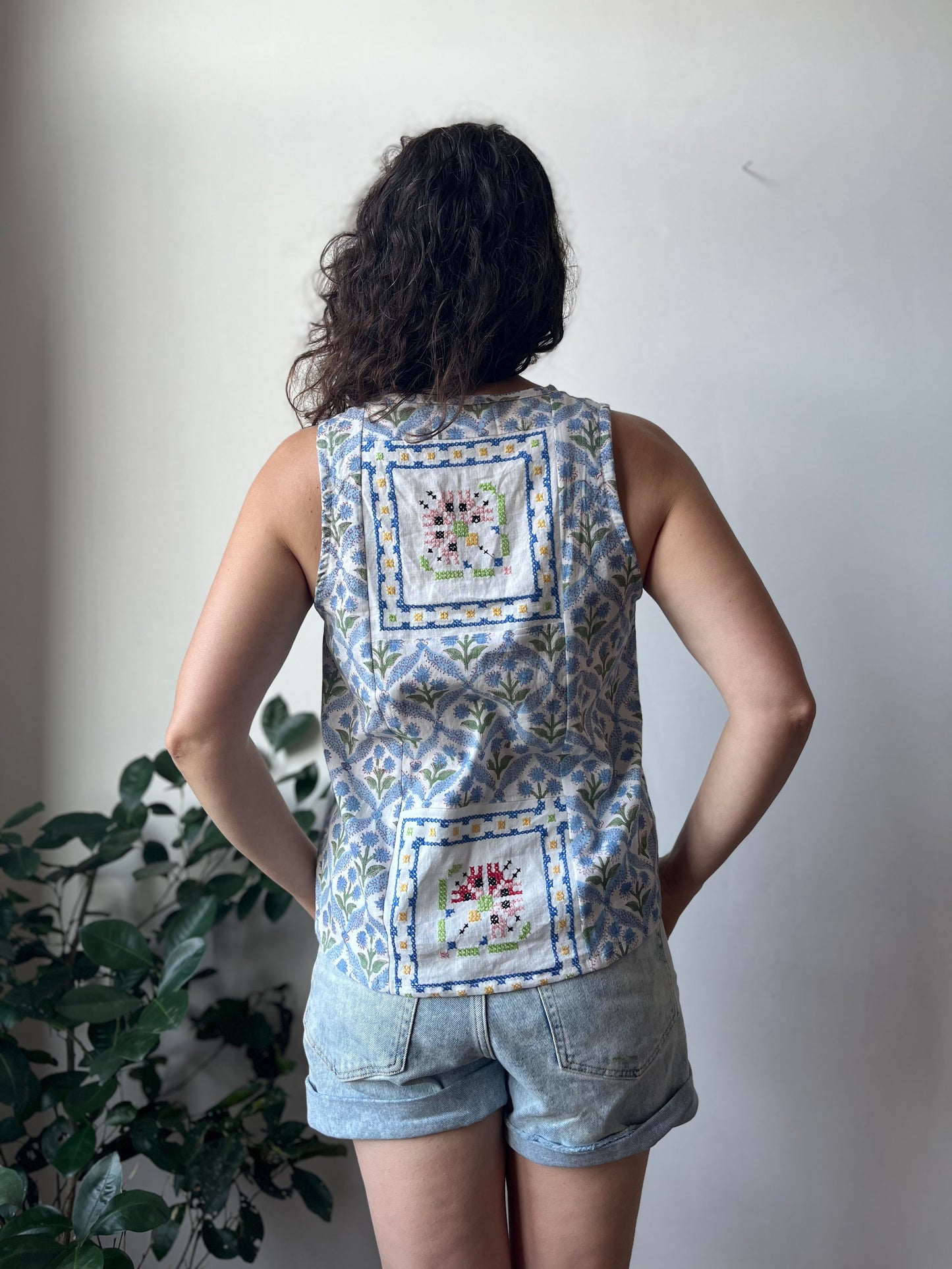 Sleeveless button up top - blockprint & cross stitch - Size Small