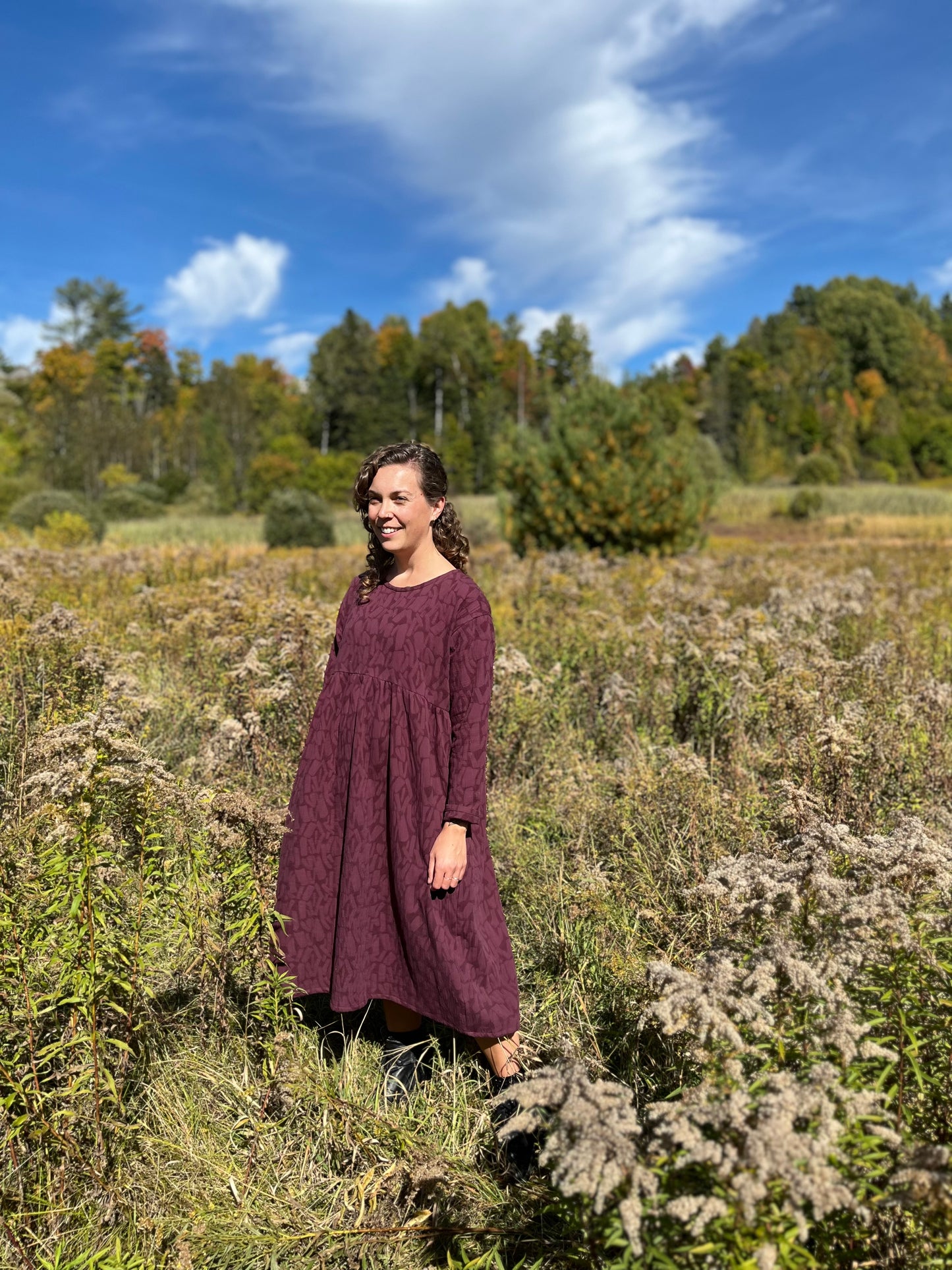 Loose fit long sleeved textured dress- Plum
