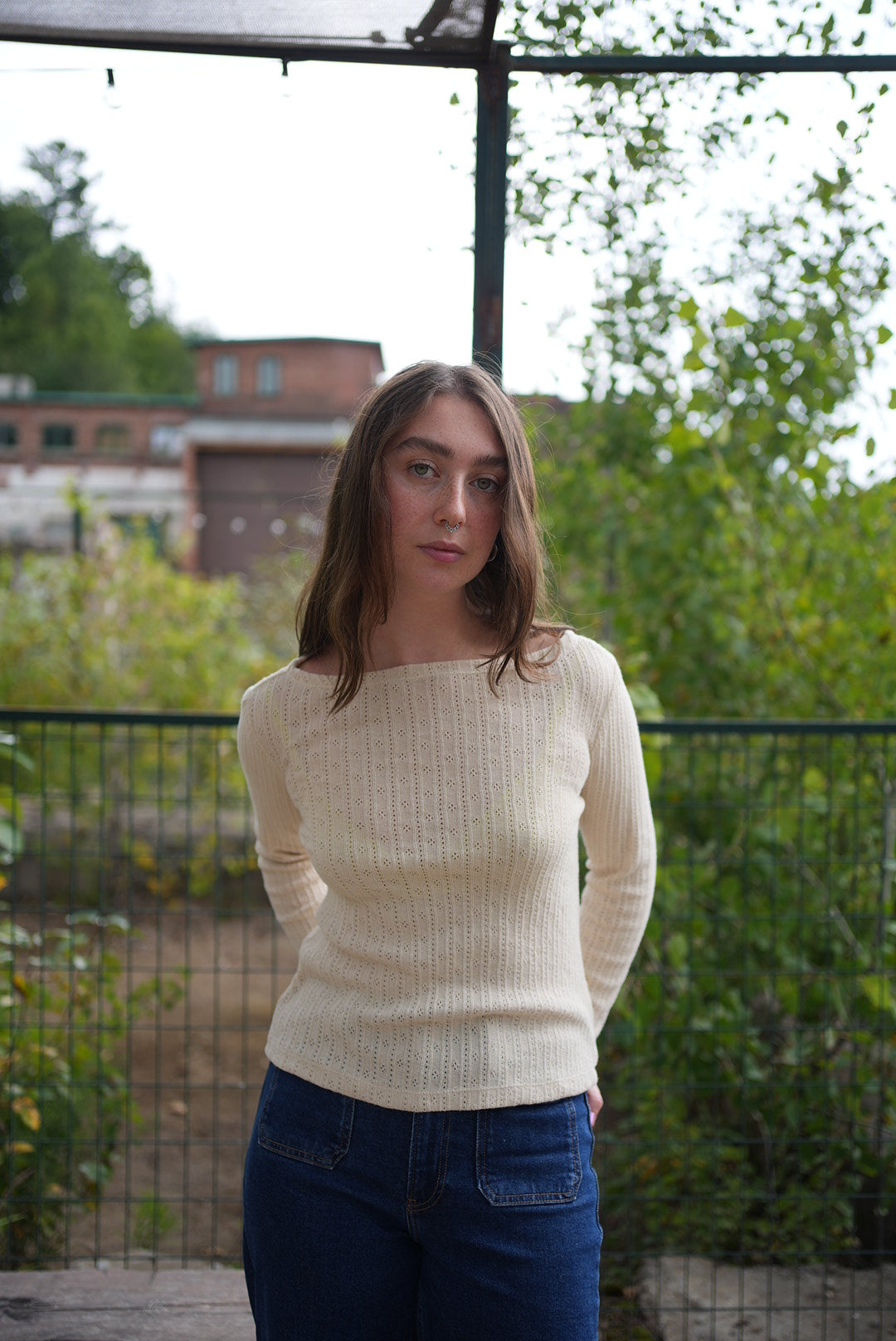 cotton pointelle boat neck top- cream