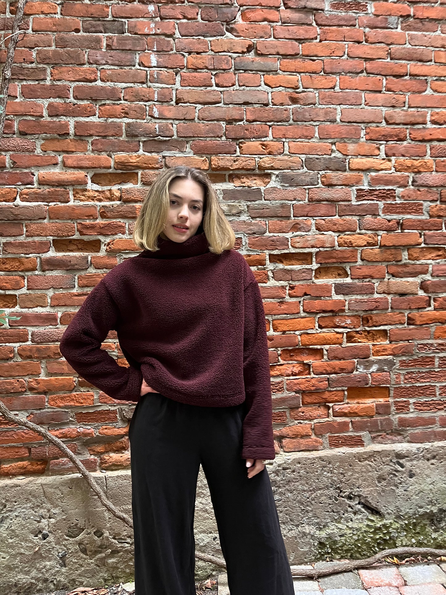 Extra thick sherpa funnel neck top- Dark Burgundy