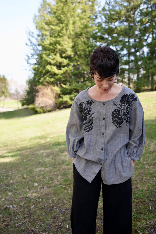 Grey cotton up blouse with flower print- TWO ready to ship in M/L and XL