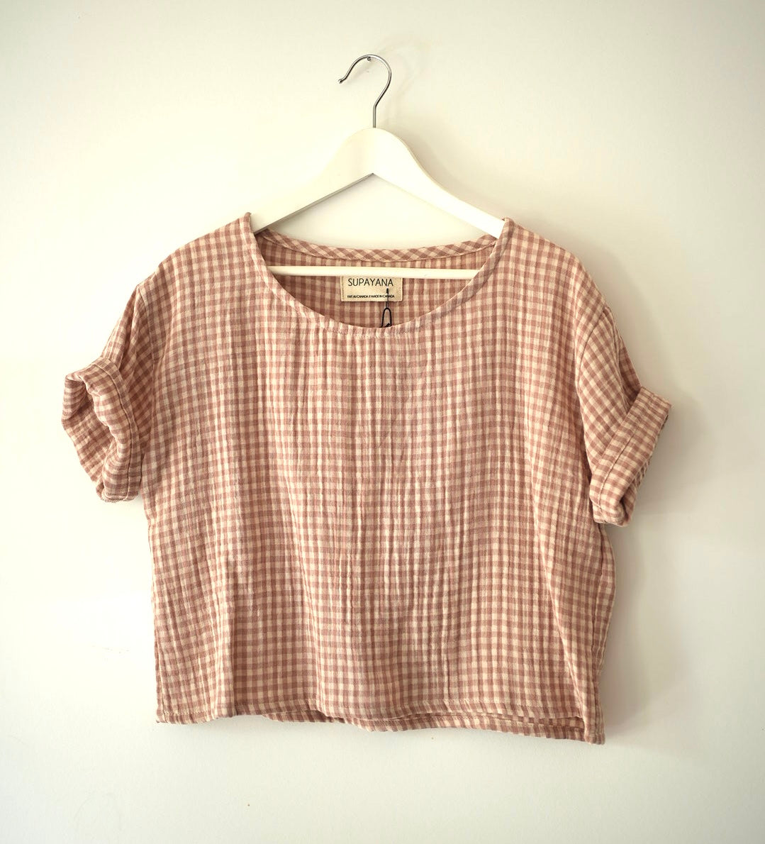 cropped gingham boxy tee - organic cotton double gauze- Small