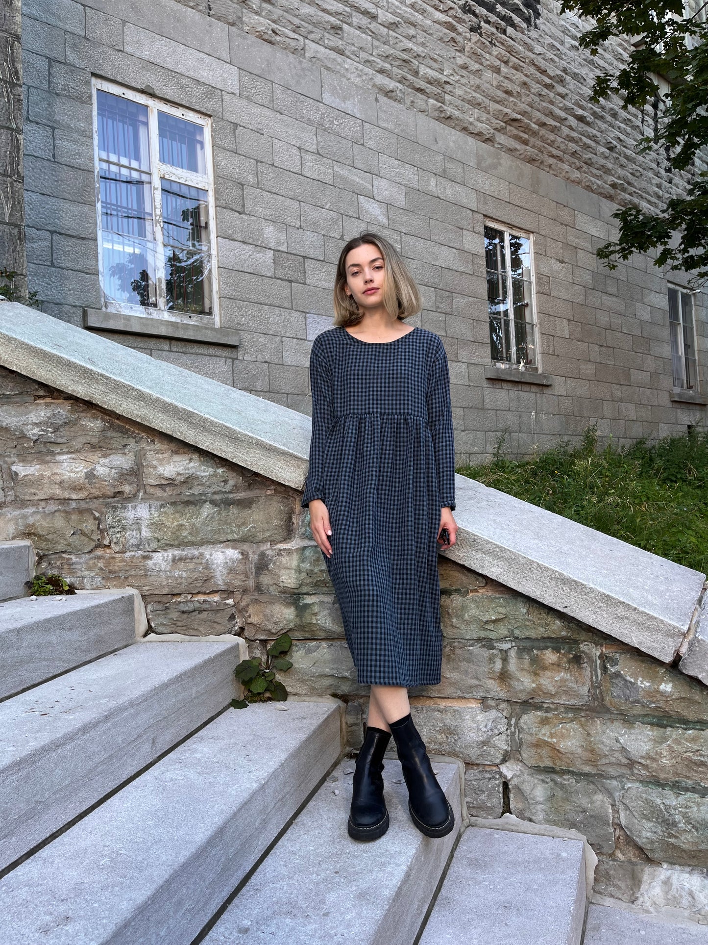 Midnight check organic cotton double gauze dress