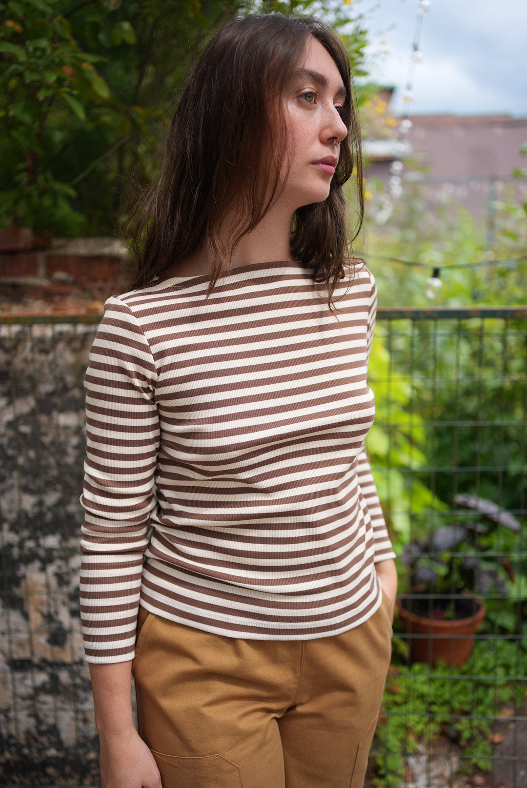 striped boatneck top - cocoa & off white