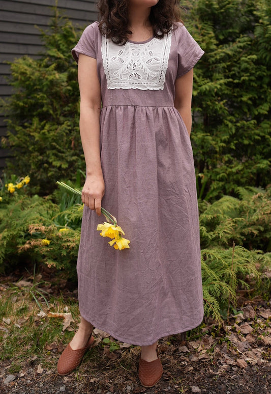 Cotton short sleeve dress with belt- grape - Made to order in any size