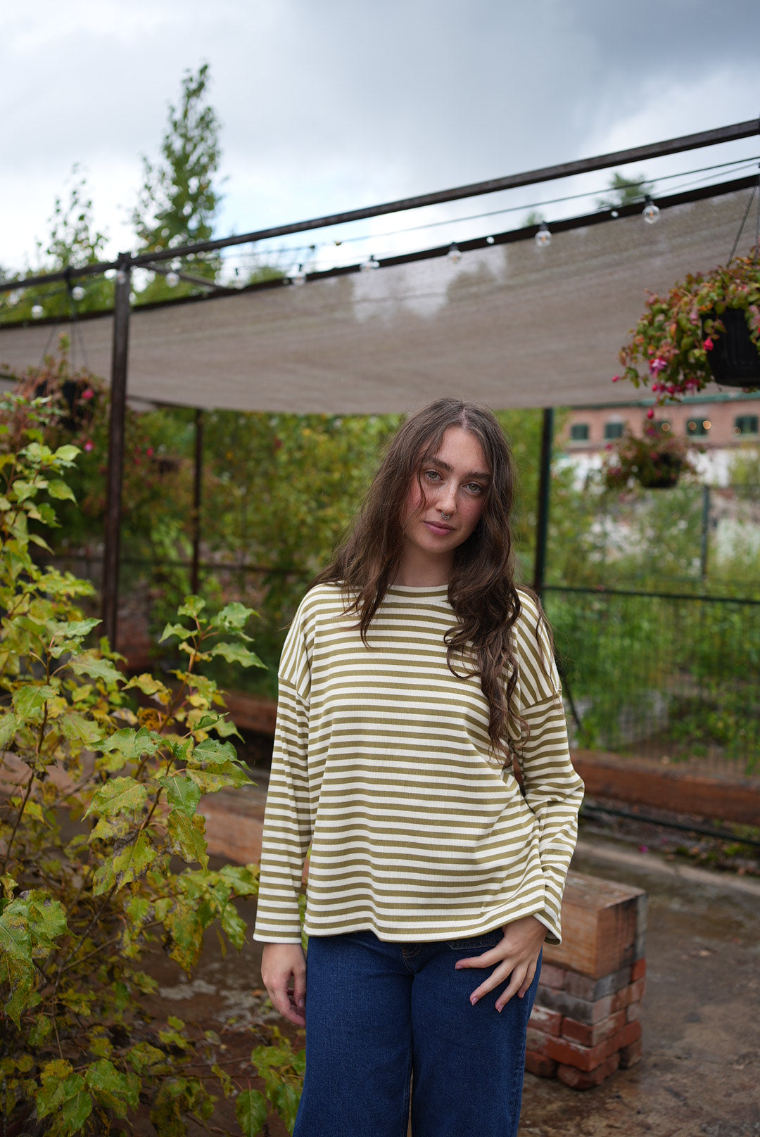 Olive & cream ribbed knit boxy top