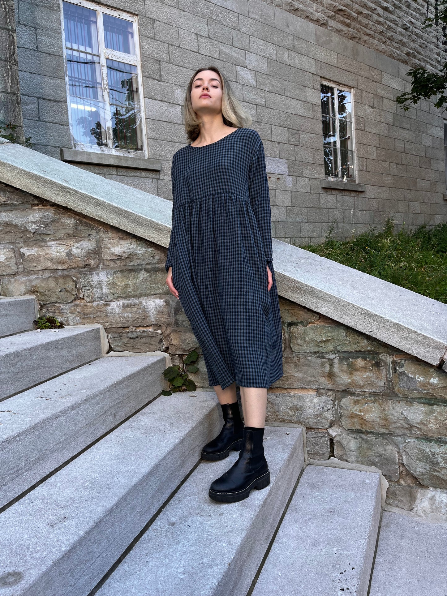 Midnight check organic cotton double gauze dress