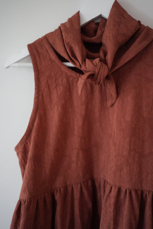 Sleeveless cotton dress with matching scarf- textured terracotta - made to order in any size