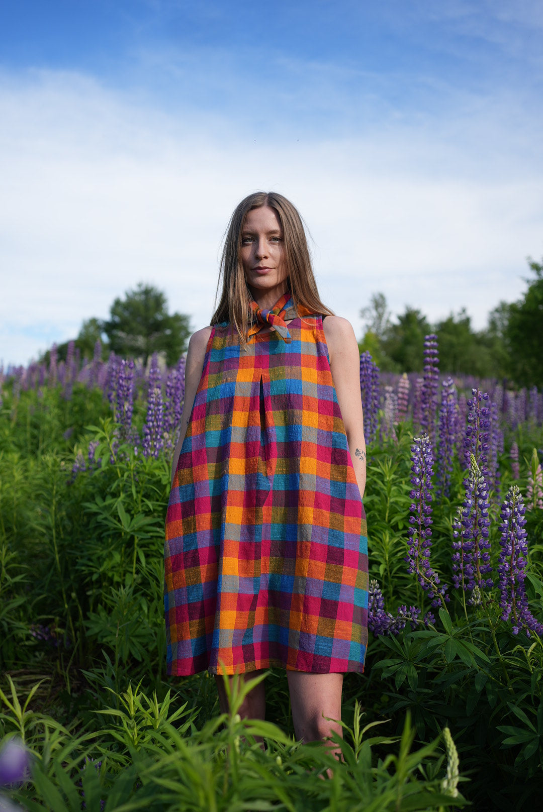Bright check tent dress with matching bandana