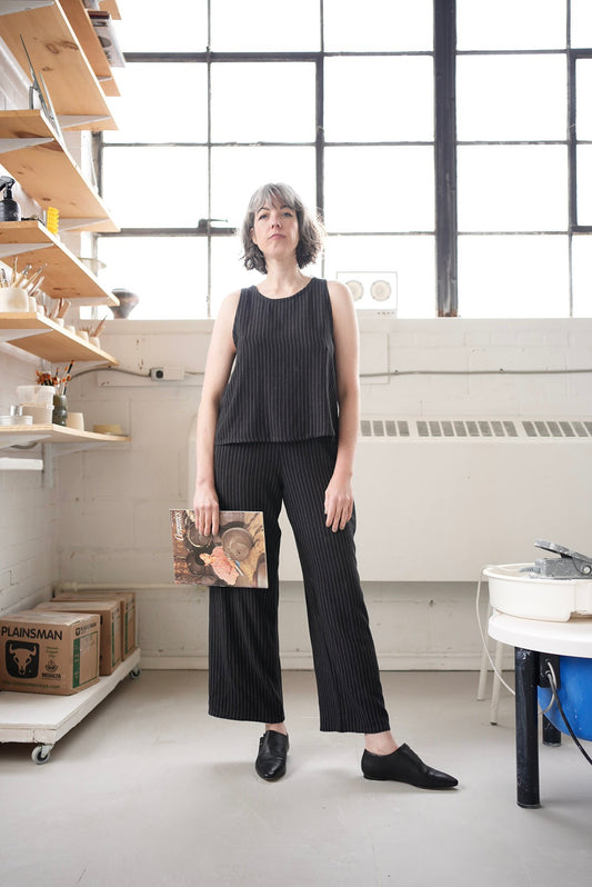 Aurelie pants with elastic waist- black and white pinstripe