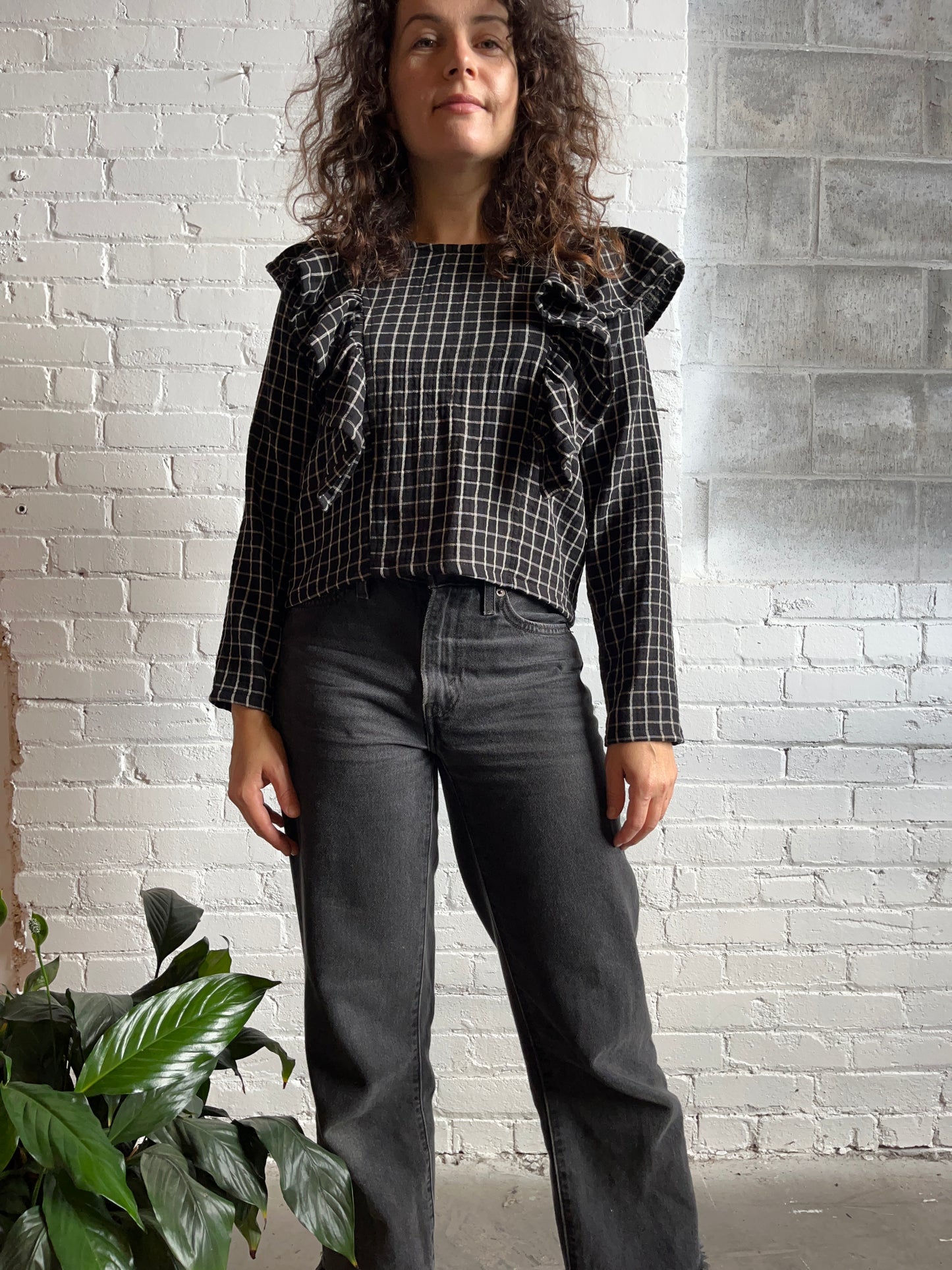 Organic cotton ruffle top-B&W windowpane check - Ships early October