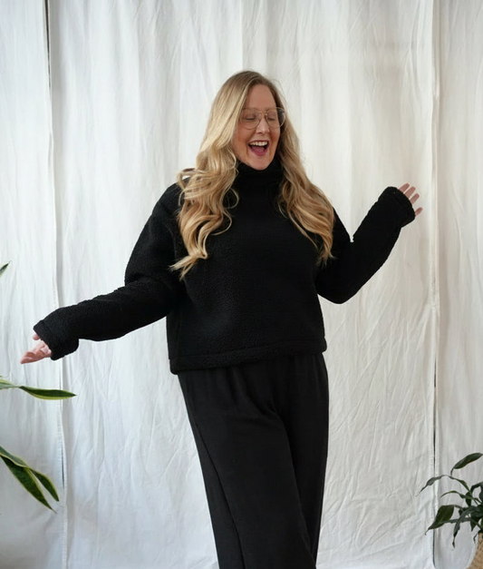 Black sherpa funnel neck top