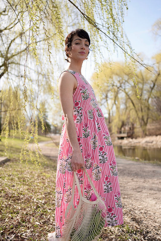 Red striped block print dress- EXTRA SMALL- ready to ship
