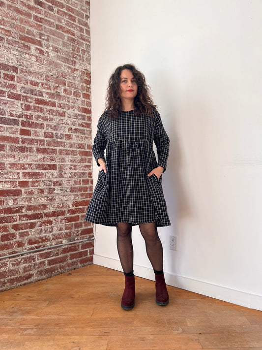 B&W windowpane organic cotton dress- knee length