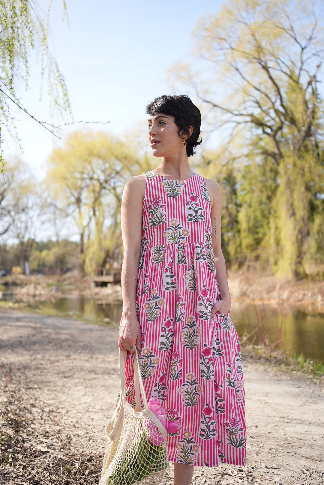 Red striped block print dress- any size
