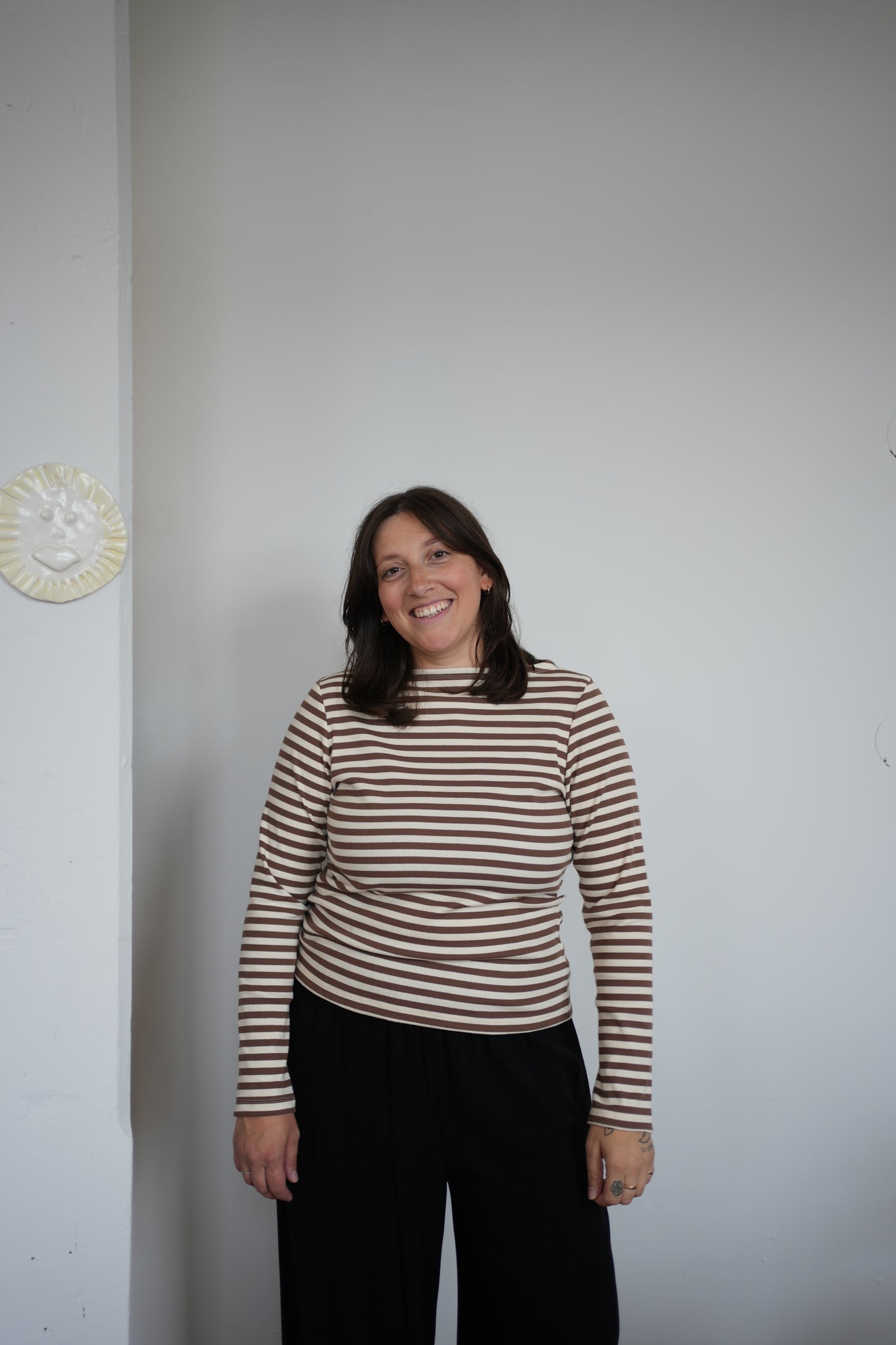 striped boatneck top - cocoa & off white