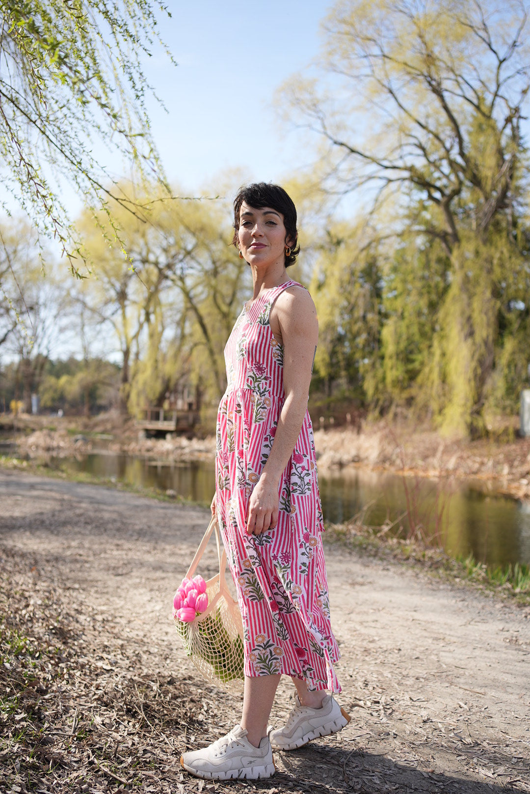 Red striped block print dress- any size