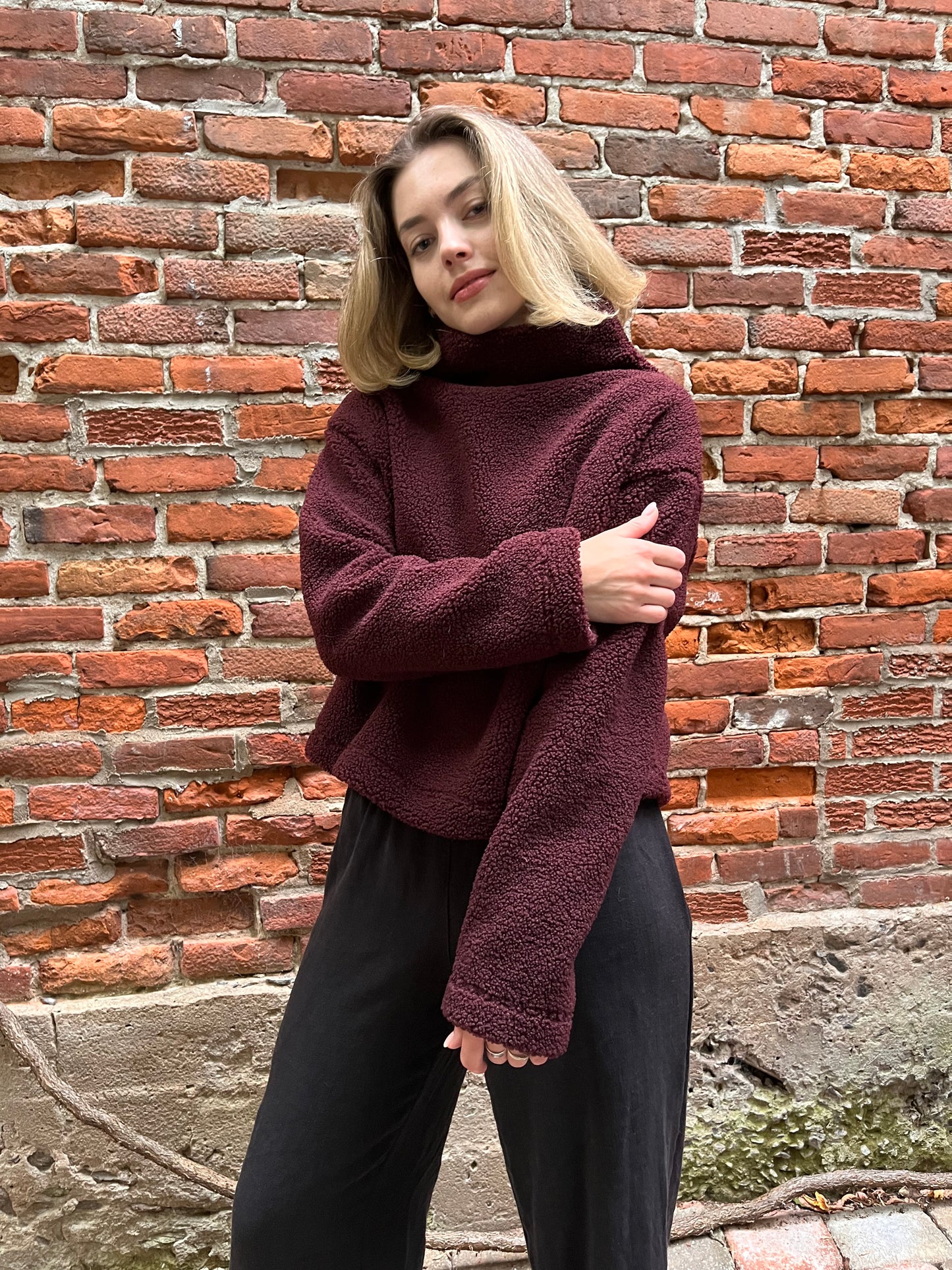 Extra thick sherpa funnel neck top- Dark Burgundy