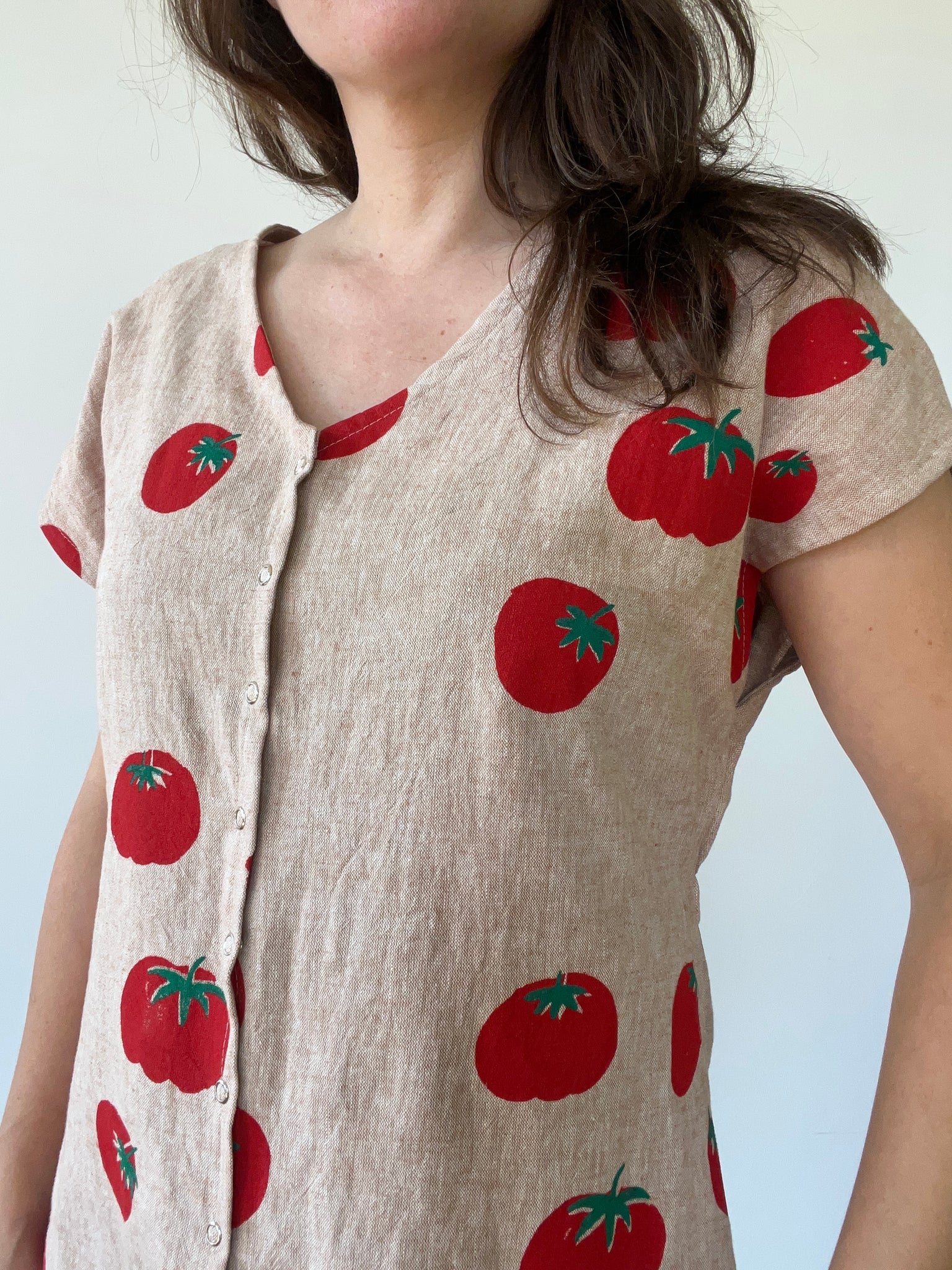 OOAK tomato print linen blend snap dress