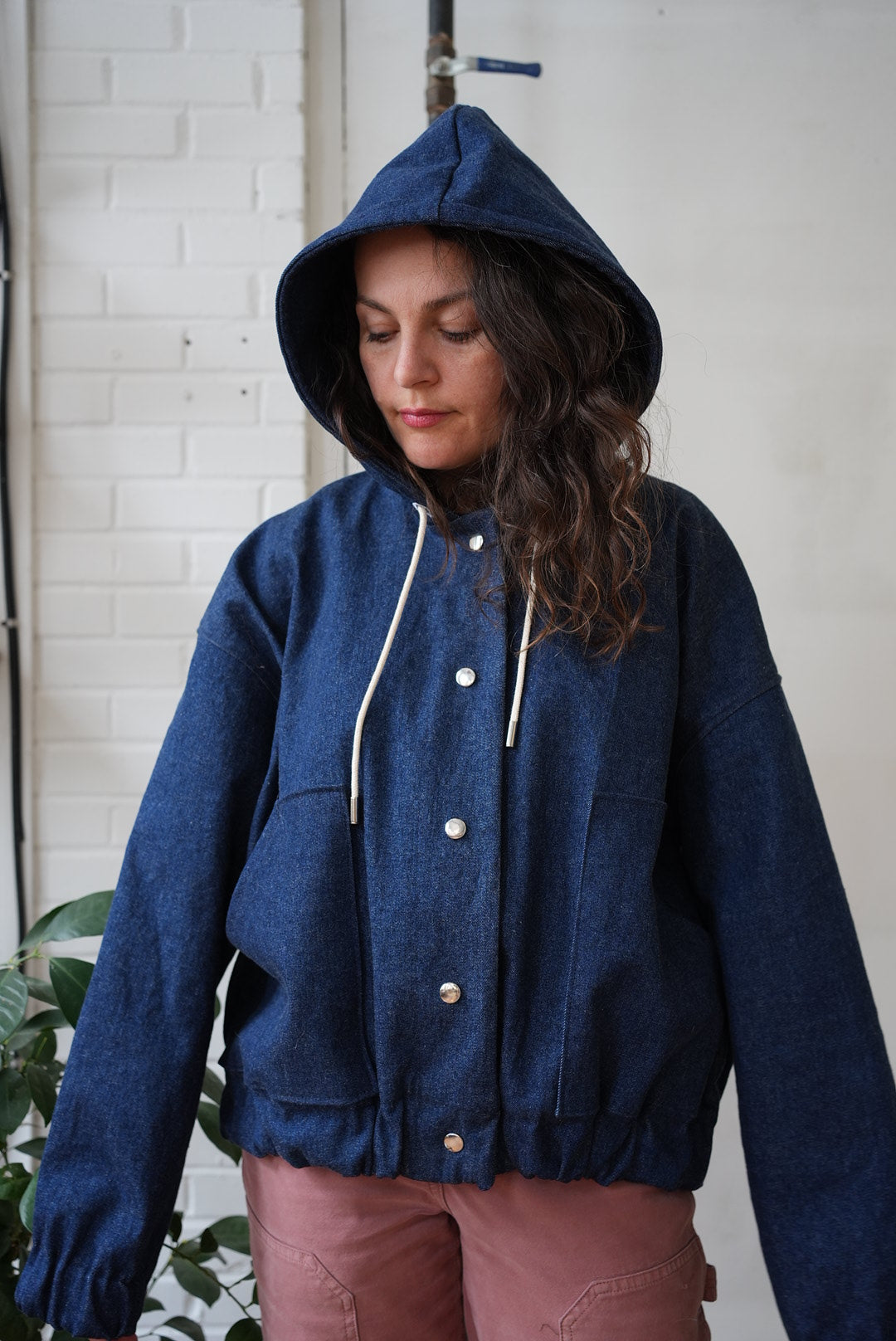 Denim jacket with quilt back- pink quilt- size M/L