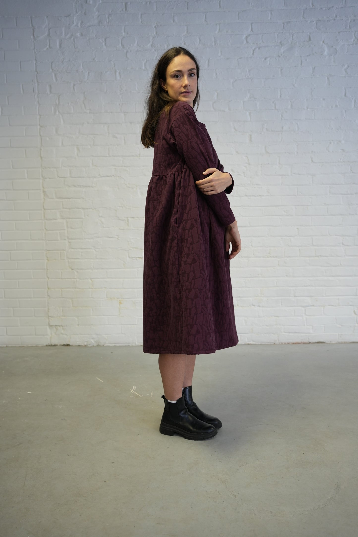 Loose fit long sleeved textured dress- Plum- two left in S-M